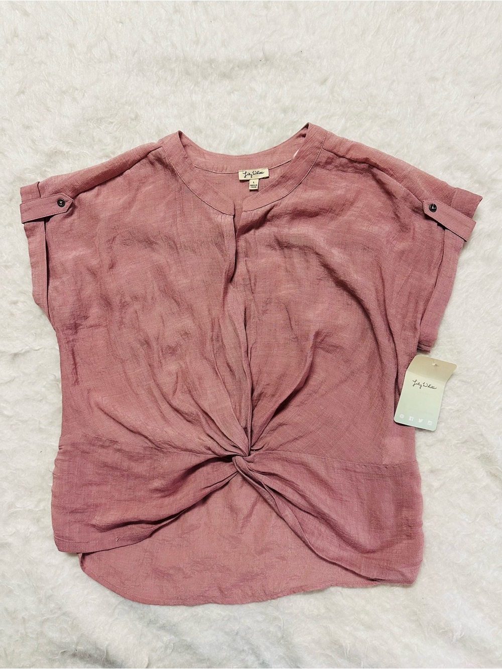 Lily White Dusty Rose Twist-Front Short Sleeve Blouse